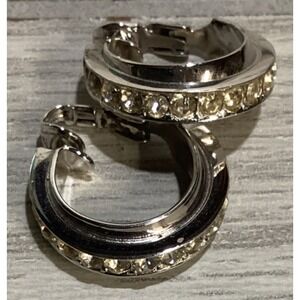 Silvertone Clip on Earrings w/ Faux Diamond Stones Textured Hoops Vintage